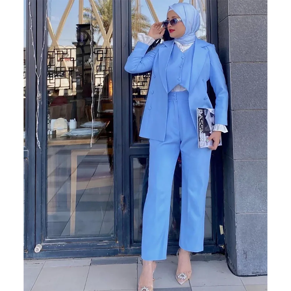 ملابس سيدة السراويل النسائية الزرقاء مجموعة الراقية مزدوجة الصدر الإناث ثلاث قطع (السترة + بنطلون + سترة)