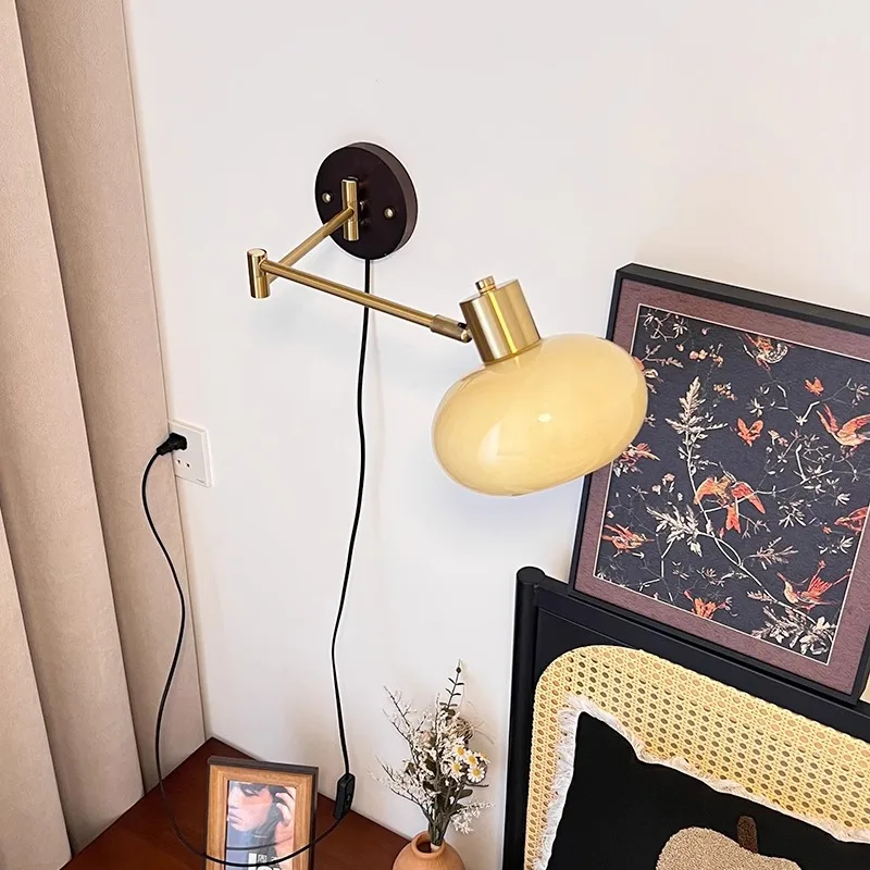 Medieval style bedroom bedside wall lamp Displaceable cream wind folding retractable persimmon lamp