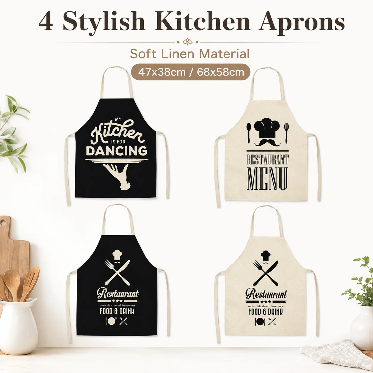 

My Kitchen Is for Dancing Letter Print Linen Apron Sleeveless Cooking Kitchen Pinafore Women Men Cafe Baking Cleaning Bib