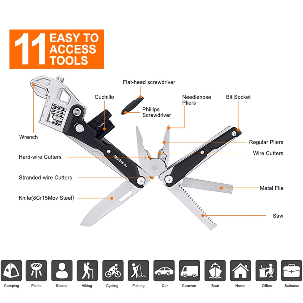 

Multitool Wrench 11-In-1 Adjustable Wrench Pliers Folding Knife Hand Tools Screwdriver Wooding Saw Wood Working Tools