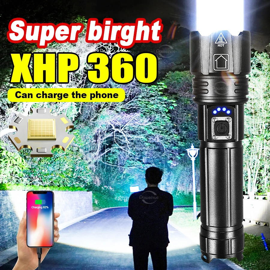 

XHP360 Powerful Torch High Power LED Flashlight Rechargeable Waterproof Zoom Lantern Outdoor Camping Adventure Tactical Light