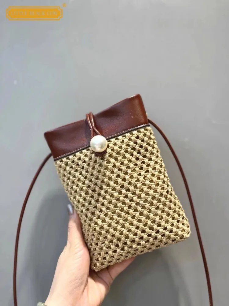 Cow Leather Spliced Straw Bag Small Pouch Women Casual Mobile Phone Bag Vintage Mini Strap Crossbody Bags Holiday Shoulder Bag