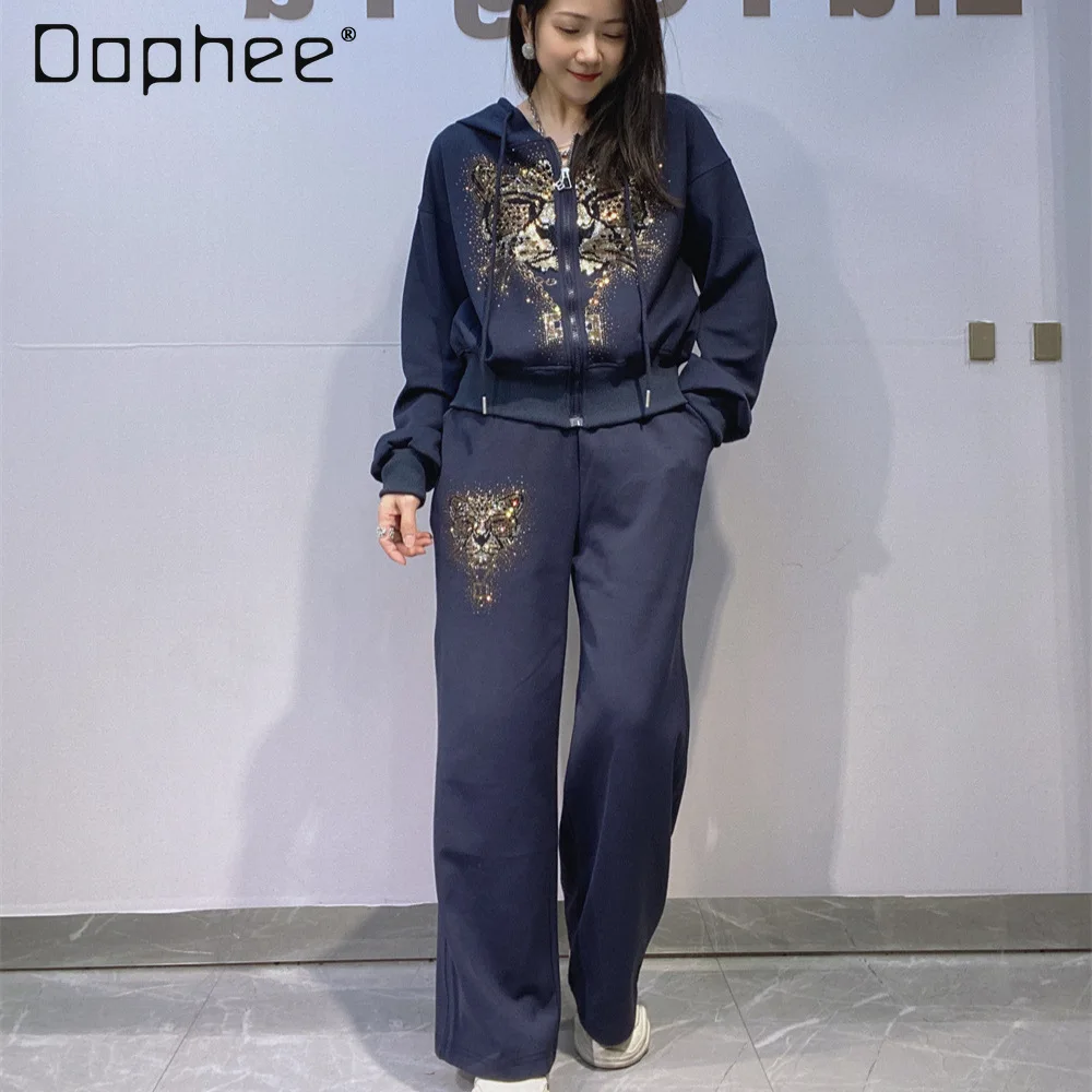 

Trendy Brand Hooded Zipper Sweatshirt Set for Women Straight-Leg Pants Spring and Autumn Heavy-Duty Rhinestone Sports Set