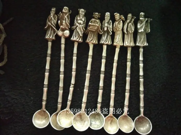 

Collection antique silverware white plated silver, eight immortal medicine spoons, set of spoons, silver spoons, spoons, copper