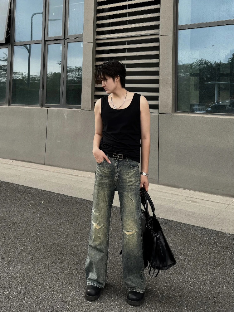 

Cleanfit Американские ретро синие выцветшие джинсы с микро-расклешенными отверстиями, утягивающие брюки, весна-лето, новые хлопковые джинсовые брюки со средней высокой талией, длинные...