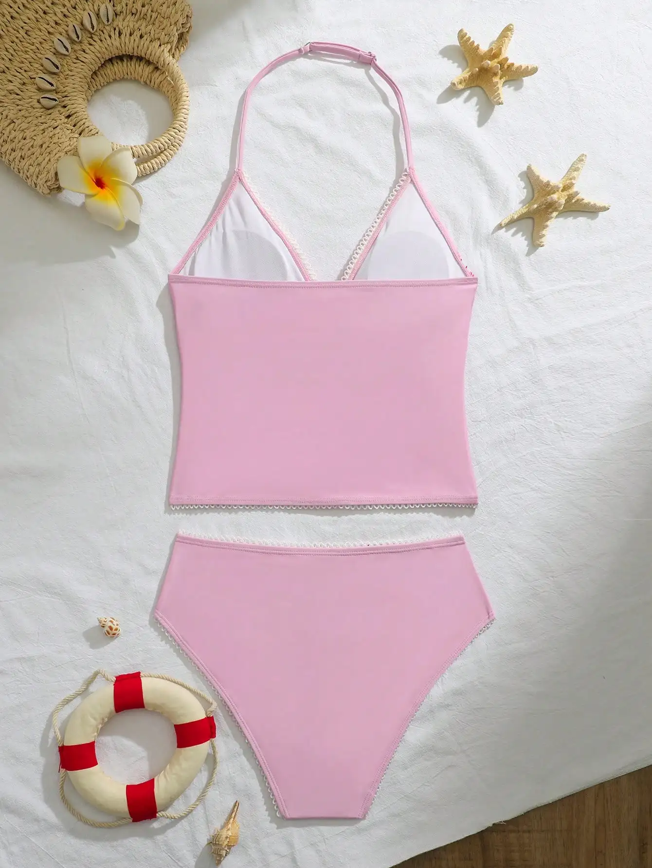 

Pink Floral Print Bikini Set With Lace Trim Halter Top High Waist Bottom
