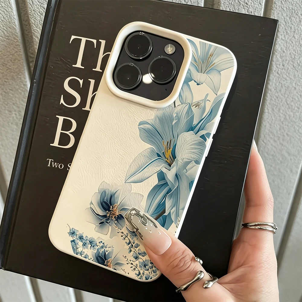 For iPhone 17 16 15 14 13 12 11 Pro Max Plus Air Case White Elegant Blue Flower Cover For iPhone XS Max XR X 17e 16e Soft Fundas