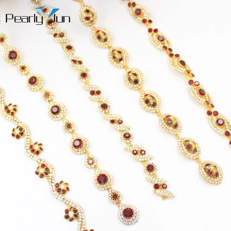 1 Yard Gold Siam Red Crystal Metal Chain Decoration Accessories DIY Sewing on Wedding Dress Bag Clothing Rhinestone Trim ML186