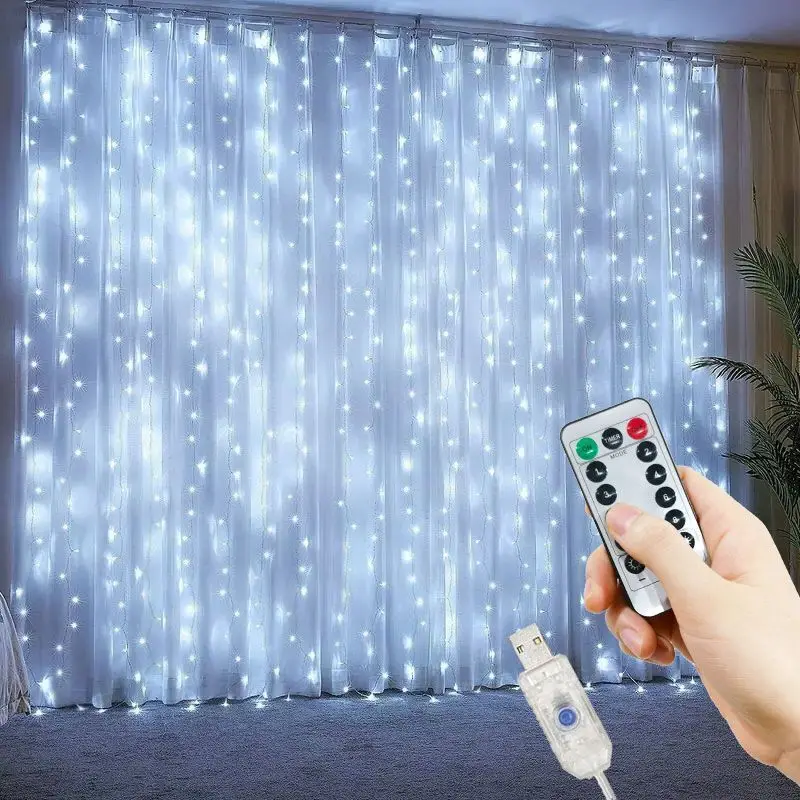 

Remote Control USB LED Curtain Icicle String Lights Christmas Fairy Lights Decoration Wedding Garland for Bedroom Party Home