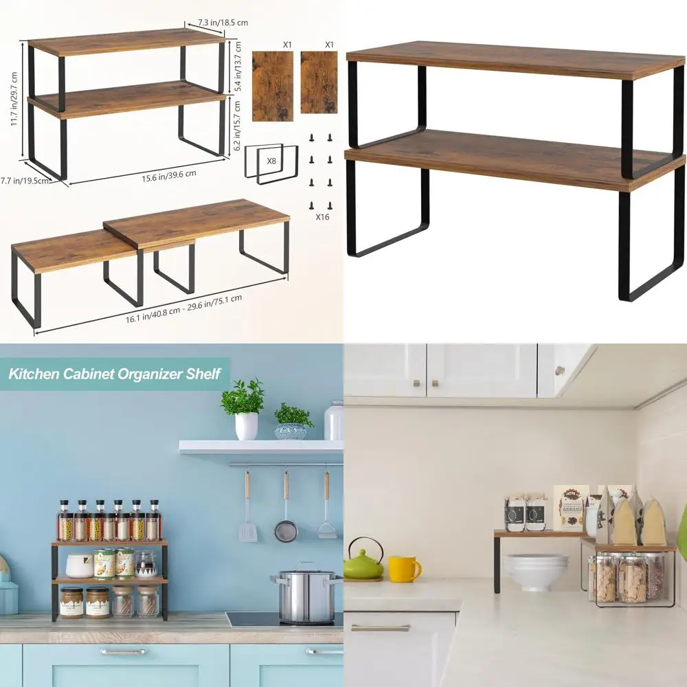 

Органайзер для кухонной стойки из 2 предметов, штабелируемая полка для специй, полка для хранения кладовой, подставка для посуды и кружки черного и коричневого цвета