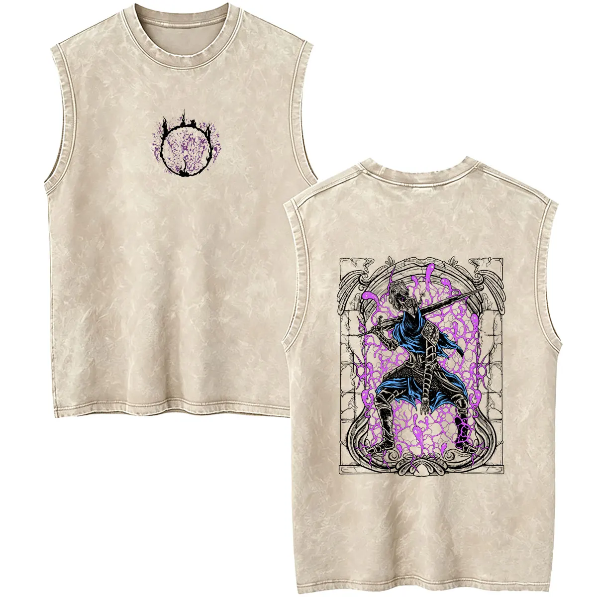 Camiseta sin mangas vintage lavada estilo gótico rock de Dark Souls Artorias The Abysswalker para hombre y mujer, camiseta oversize para hombre
