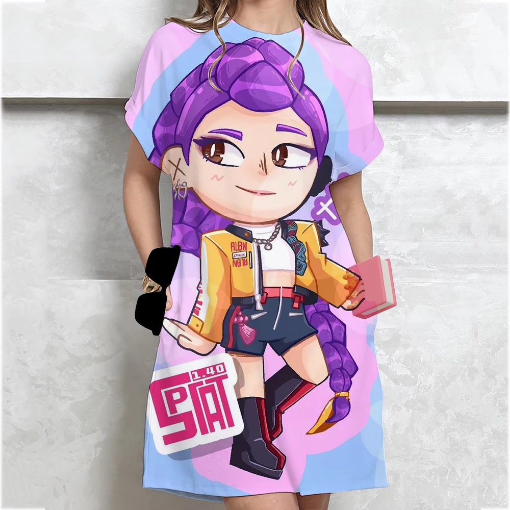 ﻿   Dames zomer nieuwe T-shirtjurk met korte mouwen Kpop Demon Hunters Huntrix losse halflange overknee-jurk