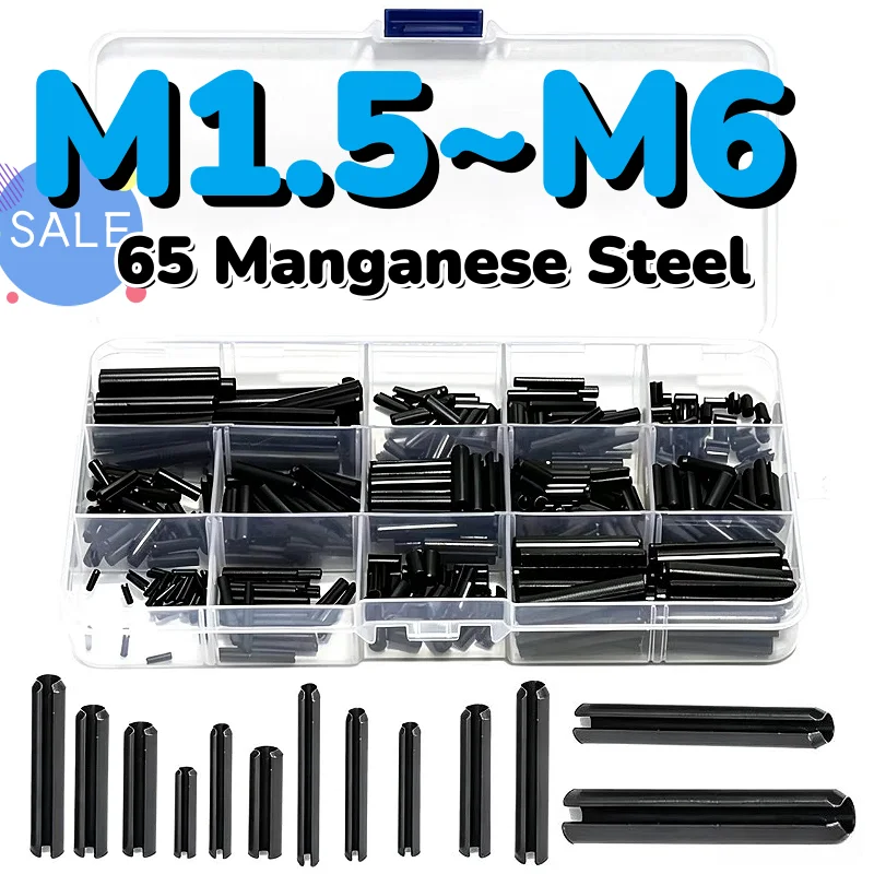 M1.5 M2 M2.5 M3 M4 M5 M6 Black 65 Manganese Steel Slotted Spring Dowel Tension Roll Pins Assortment Kits Metal Split Spring Kit