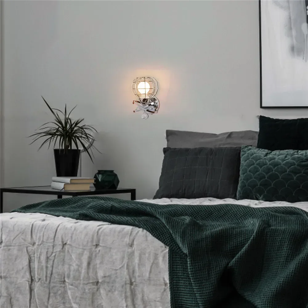 

Silver Contemporary Iron Ball Cage Wall Lamp Crystal Pendant Decor Wall Light Fixture Bedroom Kitchen Dining Room Indoor Lightin