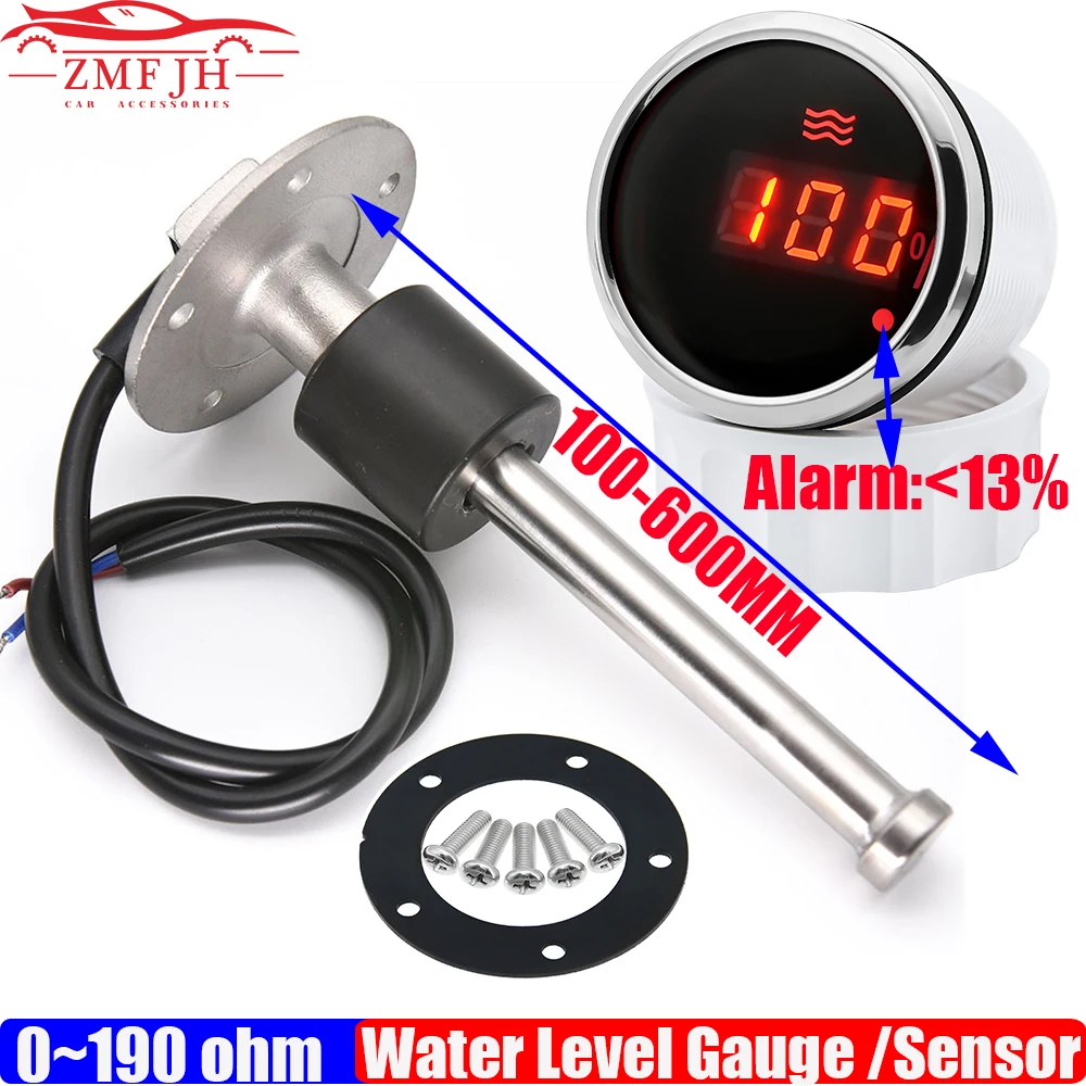 Waterproof 0~100% Digital 52mm Water Level Gauge with Alarm 0-190ohm Water Level Sensor 100-600mm for Car Boat Yacht Custom Red