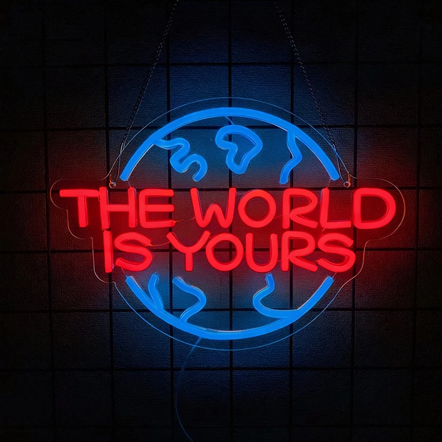 العالم هو لك النيون تسجيل للرجل الكهف المنزل بار بيسترو نادي مقهى لعبة غرفة نوم هدية عيد ميلاد حفلة التخرج ديكور #5