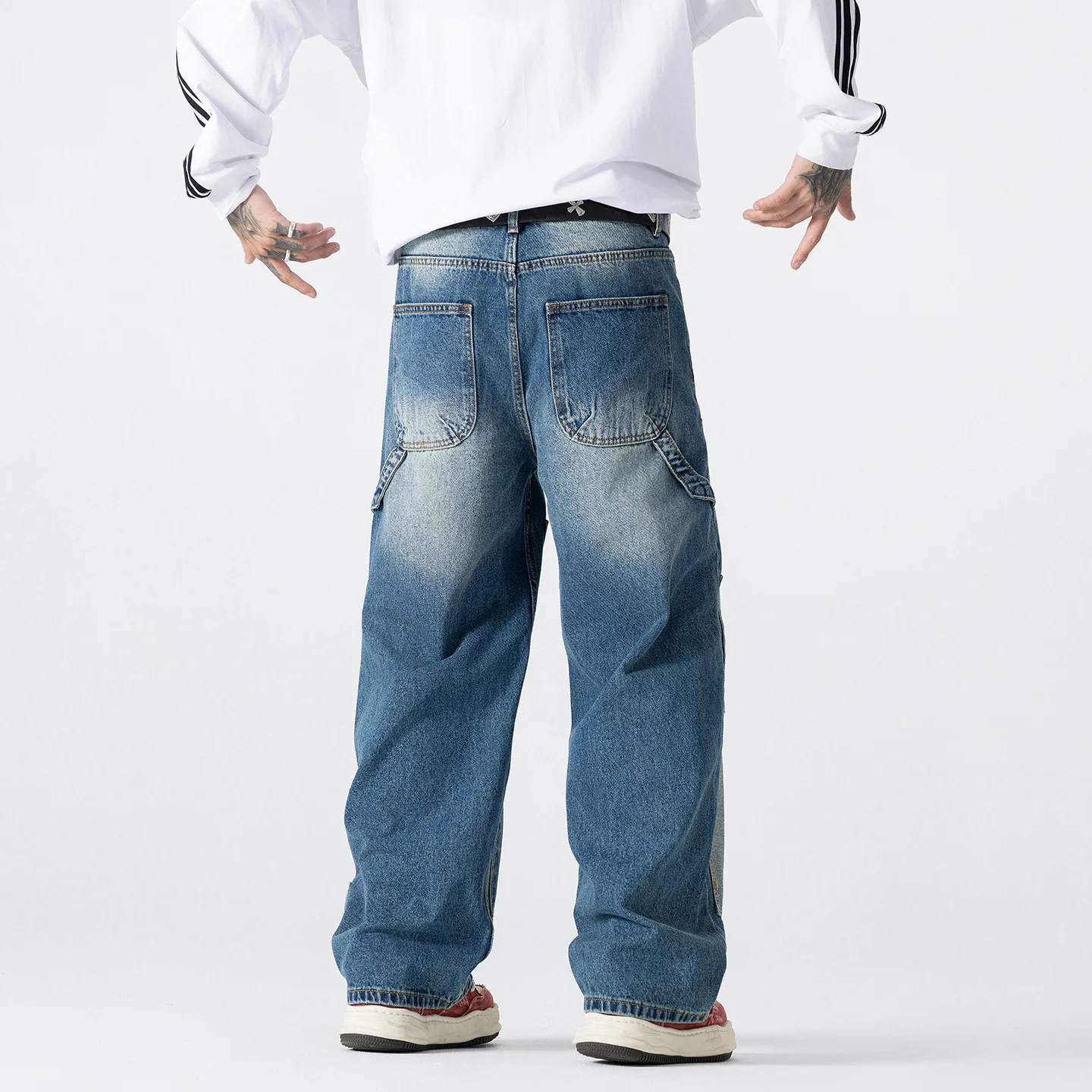 Streetwear Men's Patchwork Cargo Jeans Multi Pocket Wide Leg Baggy Fit Casual Denim Long Pants
