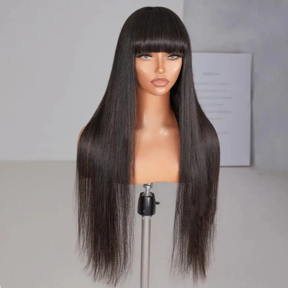 DialolaWig Body Wave pruik van echt haar met pony, Braziliaans, volledig machinaal gemaakt, lange natuurlijke Remy-haar pruik voor vrouwen