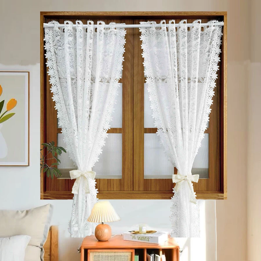 1 Panel French Romantic White Hollow Lace Short Tulle ,Curtain For Kitchen Door ,Window Screen Drapes Cabinet Dustproof Drapes
