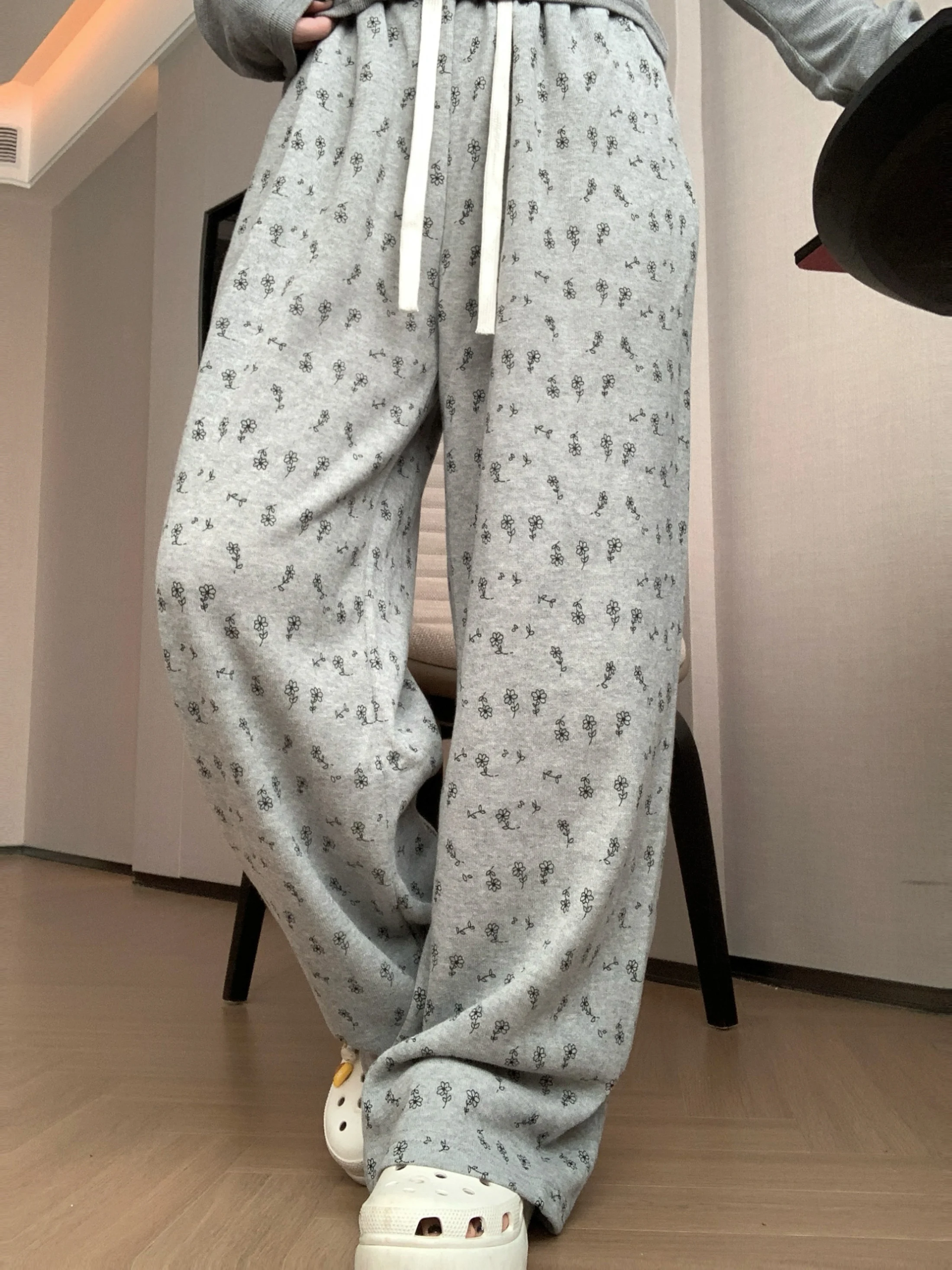 2025 Summer New Japanese Style Ins Pure Cotton Women's Loose Casual Small Floral Straight Pants Home Long Pants