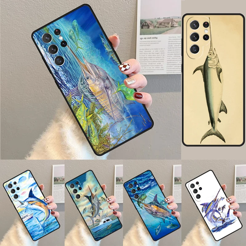 Cover For Samsung Galaxy S24 Ultra S21 S22 S8 S9 S10E Note 10 20 Plus FE S23 Blue Marlin Painting Phone case Coque