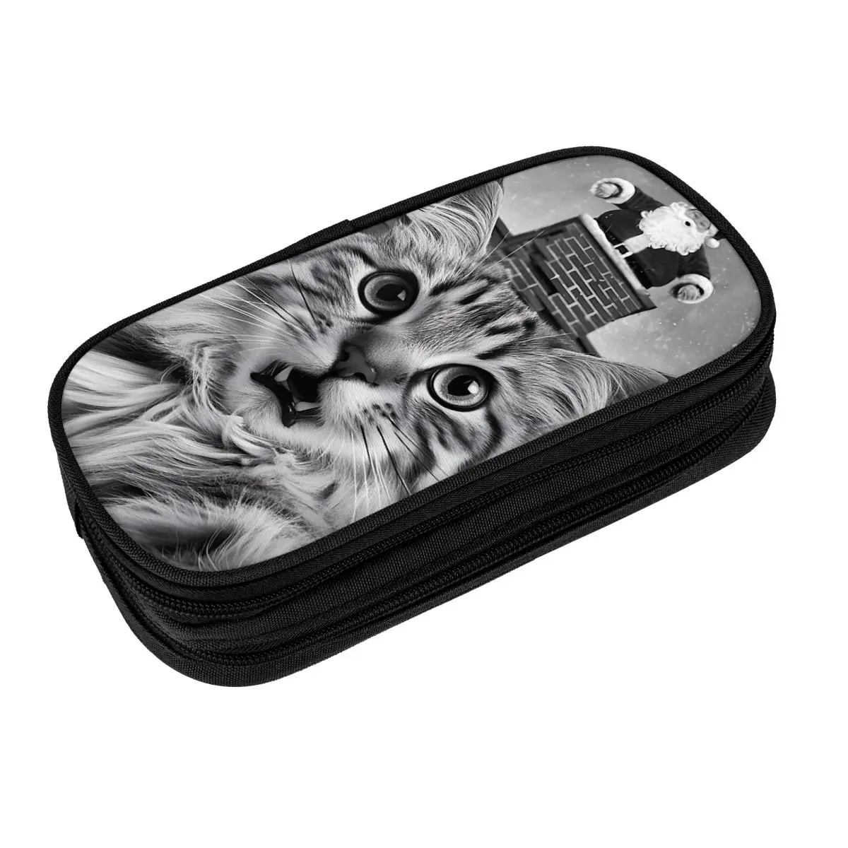 Cat Selfie With Santa Claus Party Merry Christmas Pencil Case Girls Boys Vintage Pen Box Custom DIY School Pencil Cases Gift