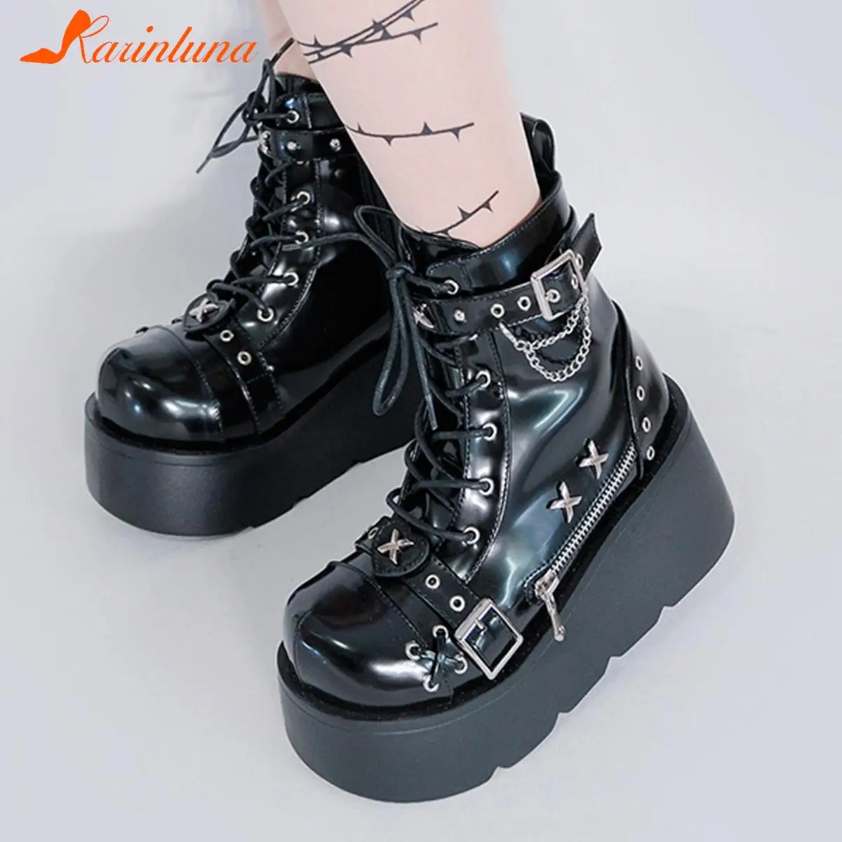 Platform Wedges Ankle Boots For Women Gothic Style Cool Vampire Cosplay Street Women Shoes Motorcycle Boots Comfy Big Size 43