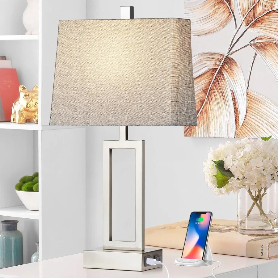 터치 컨트롤 테이블 램프 2개 세트 모던 실버 침대 옆 램프 USB A+C 포트 및 AC 콘센트 포함 3단계 조광 현대식 나이트 램프