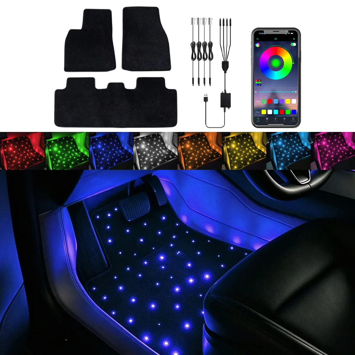 KEVANLY For Tesla Model Y RGB Car Mats From 2021 Fiber Optic Twinkle Stars USB Car LED Rugs APP Decoration Atmosphere Light