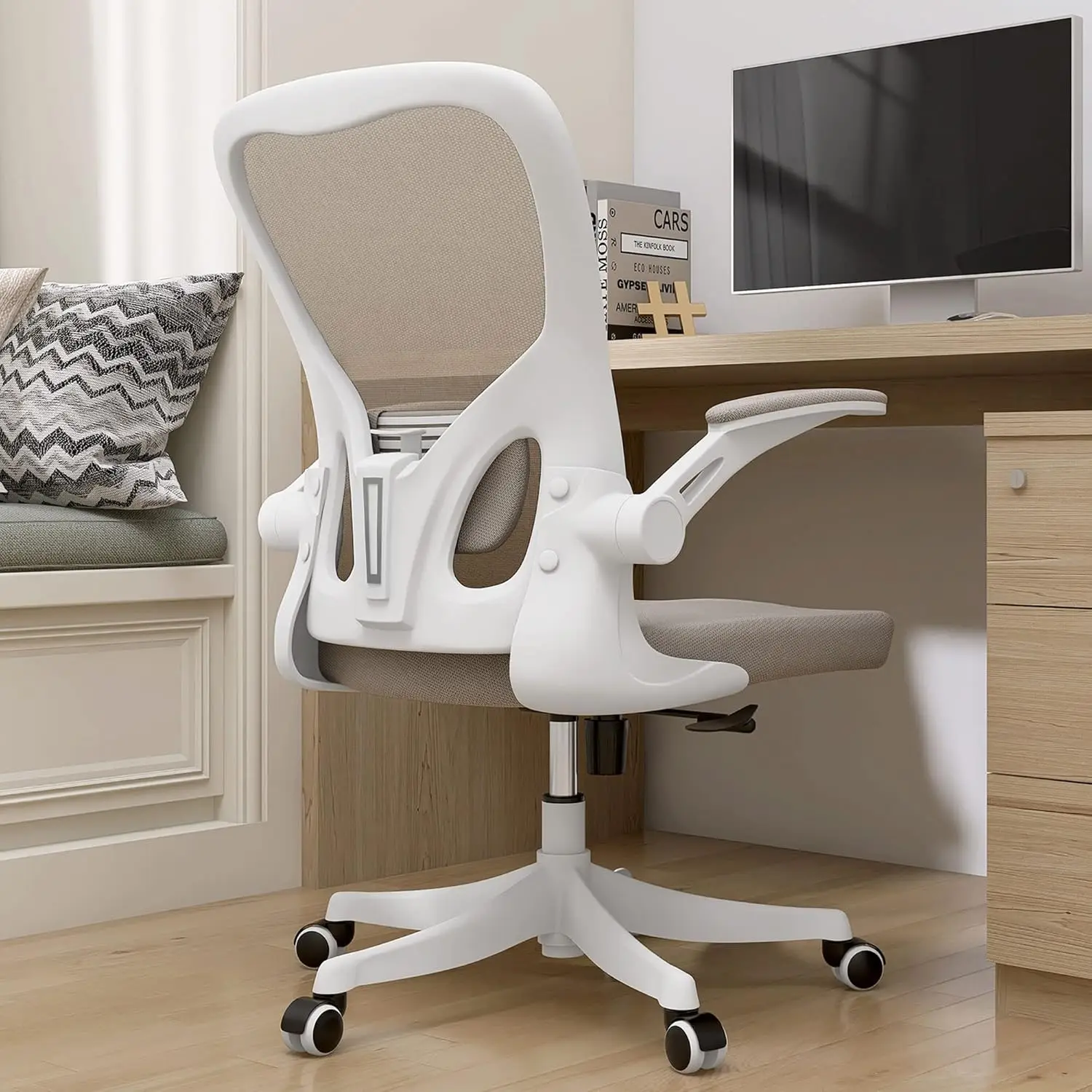 

Desk Computer Chairs - Ergonomic with Lumbar Support & Flip-up Arms High Back Rockable Swivel 360° Warm Taupe Mesh Study Chair