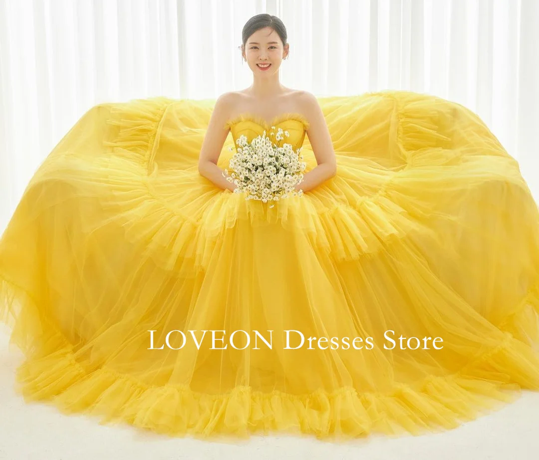 

GIOIO Sweetheart Korea Pleated Tulle Corset Evening Dresses Formal 프롬드레스 Yellow Sleeveless Prom Gowns Party Women Bride