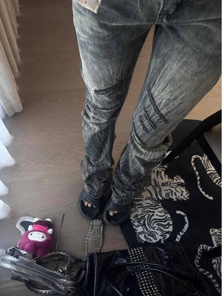Vintage Rivet Jeans Women's Autumn New Style Spicy Girl Low Waist Fashion Street Crack Slimming Micro Flared Trousers