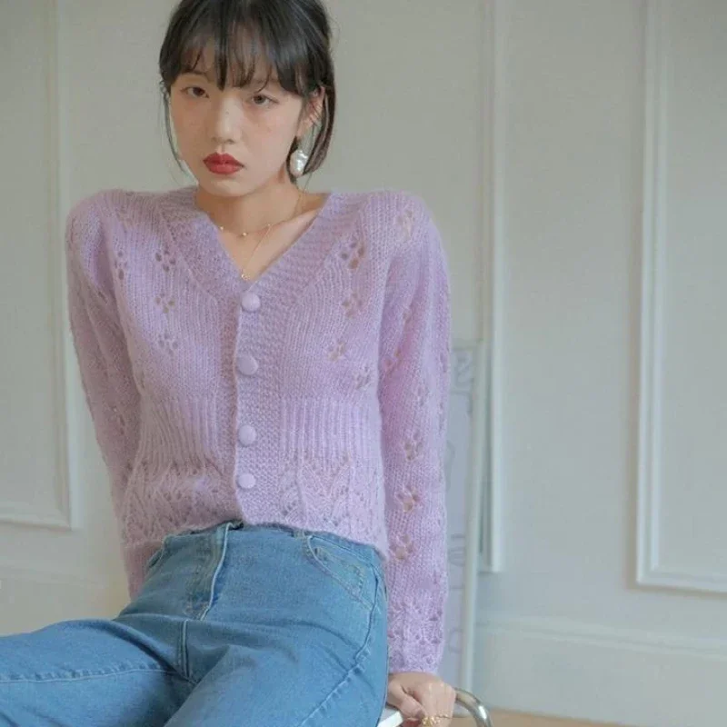 Women's Sweater Kawaii Cardigan Winter Button Crop Blue Knit Tops For Woman Cute Short V-neck Stylish Lastest Offers 90s Vintage