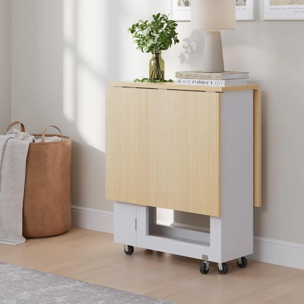 Folding Dining Table with 2 Storage Racks, Space Saving Dining Table with 6 Wheels, Kitchen Table for Small Spaces