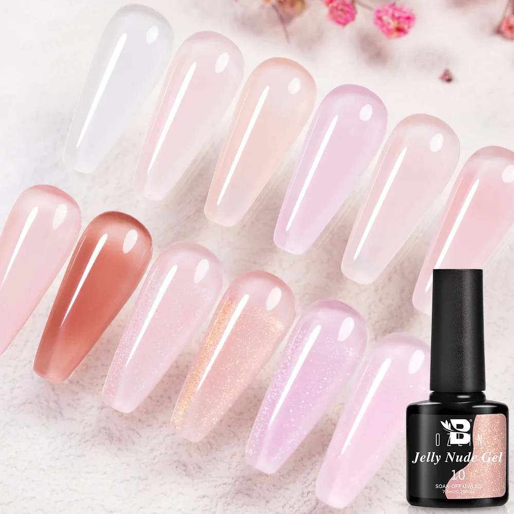 BOZLIN Jelly Nude Gel Nail Polish Kit 7.5ml Light Pink Peach Translucent Color UV Light Cure Gel Varnish Nail Art DIY at Home