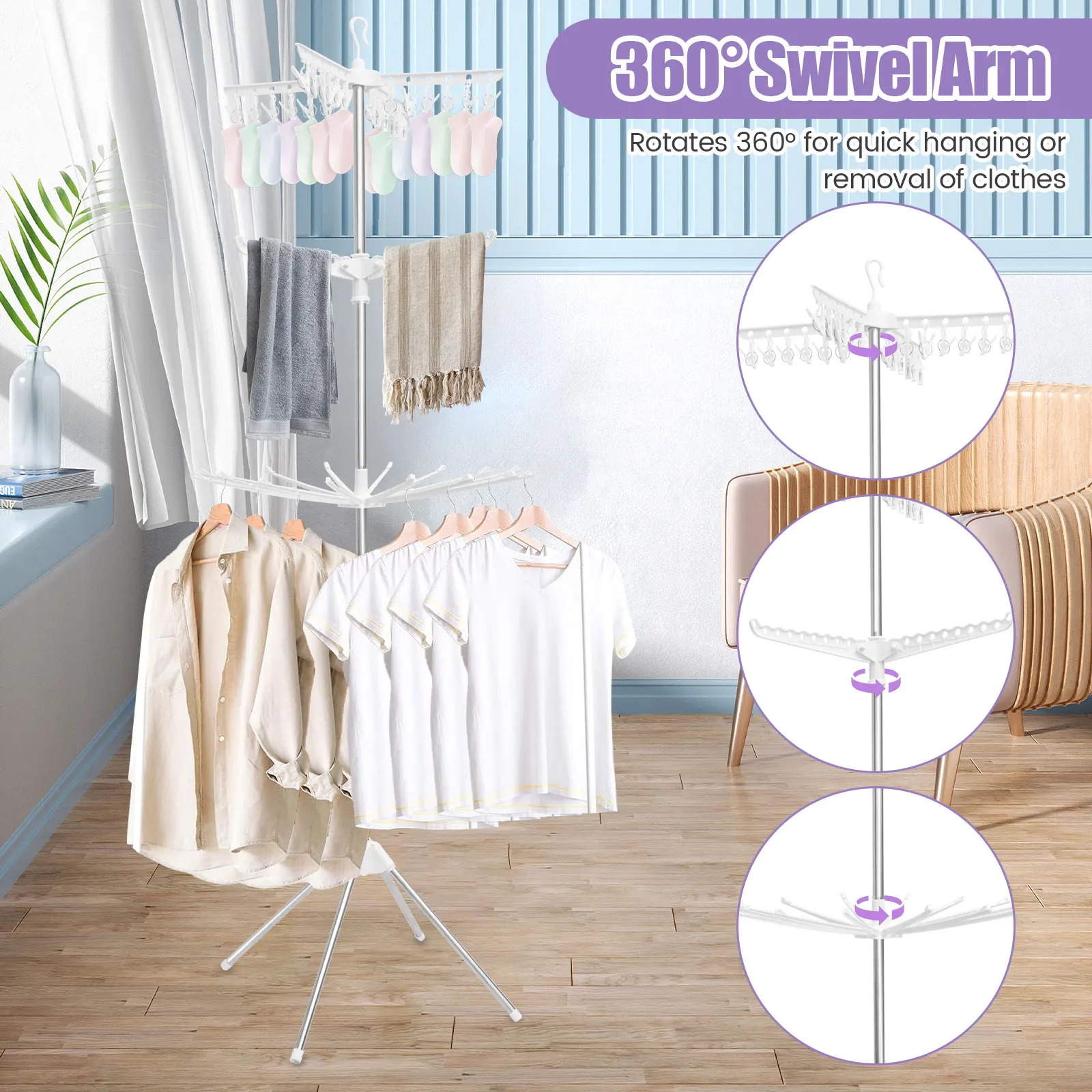 3-Tier Clothes Drying Rack Collapsible Laundry Drying Rack with Rotatable Arms 24 Clips Large Clothes Drying Tree for Balcony