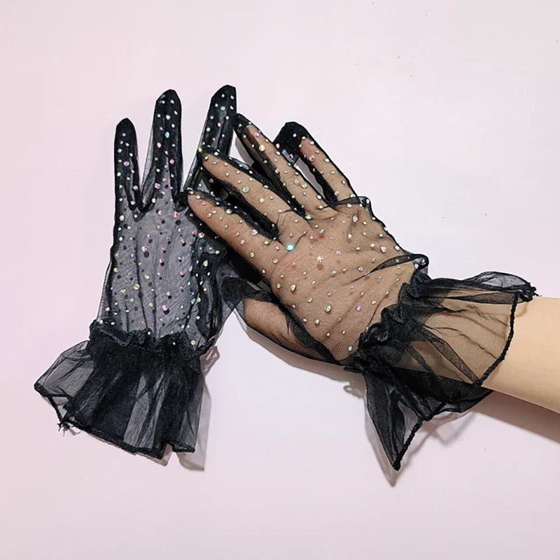 1 Pair Short Wrist Ruffle Transparent Mesh Shiny Damonds Full Finger Gloves Women Sexy Party Cosplay Stage Performance Lolita