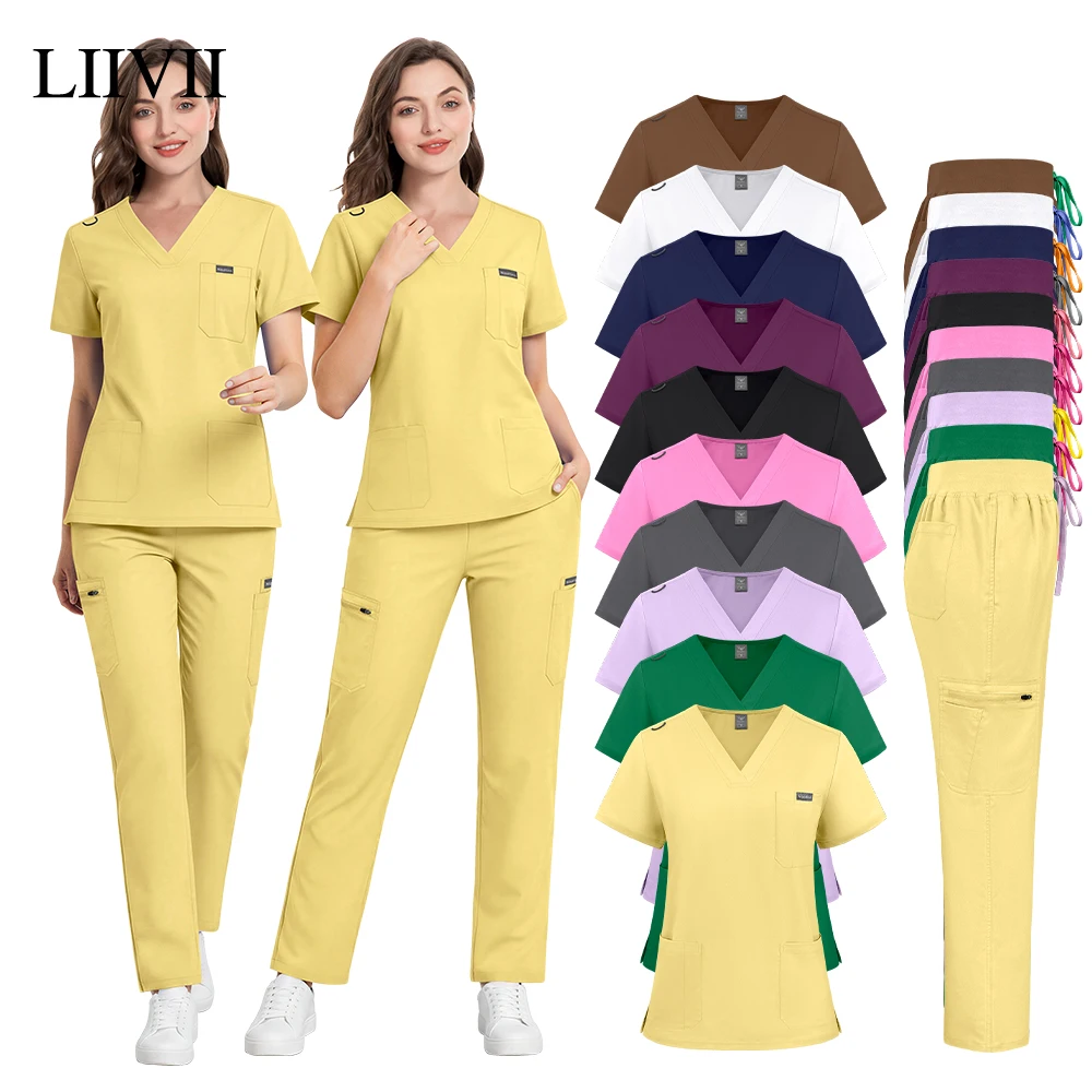 Women Men Solid Color Workwear Medical Surgical Uniform Minimalist Scrubs Set Doctor Nursing Suit Lab Nurse Dentist Work Clothes