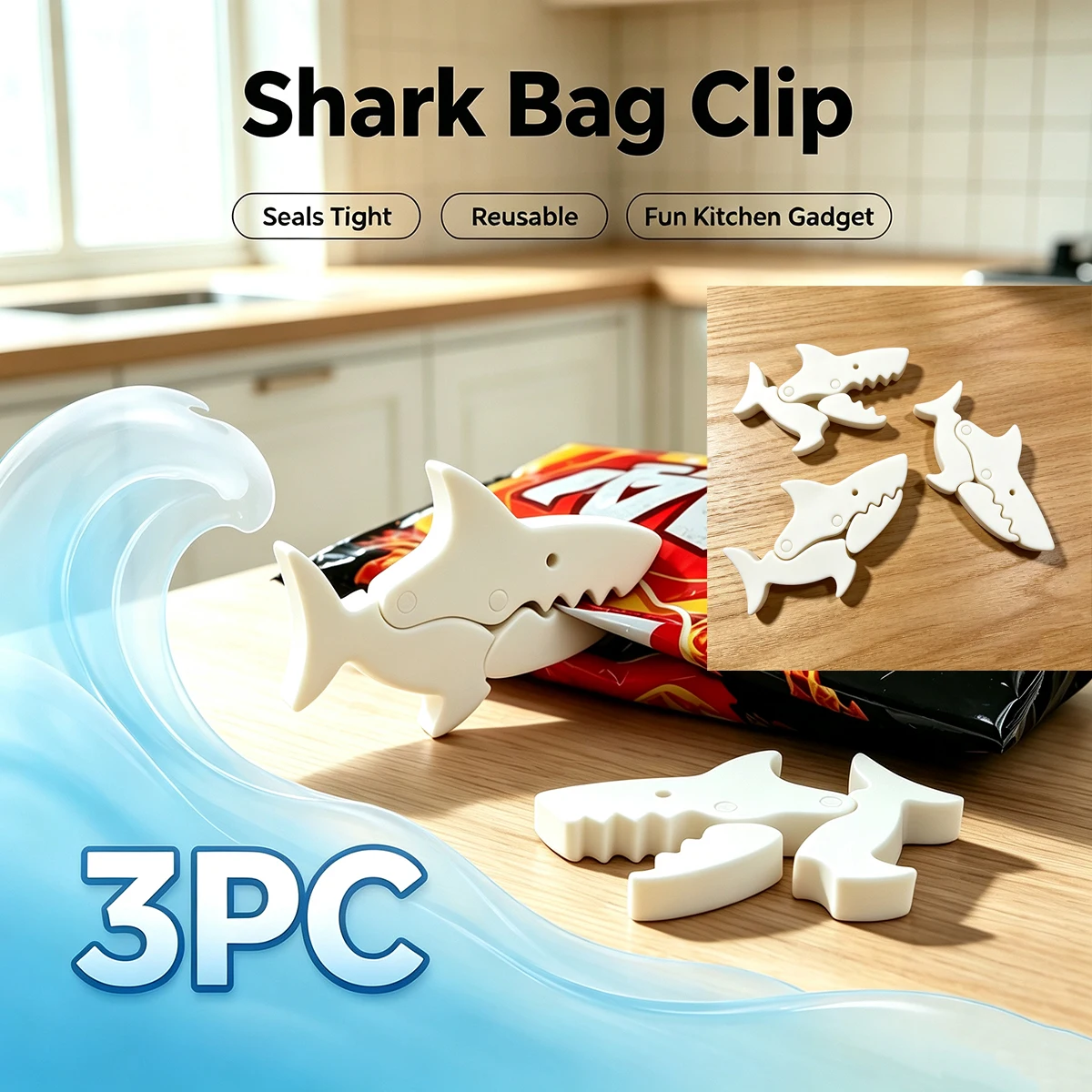 3D White 3-Pack Shark-Shaped Sealing Clips, Creative Food Bag Sealing Clips, Moisture-Proof and Fresh-Keeping Kitchen Gadgets for Snack and Tea Plastic Bags