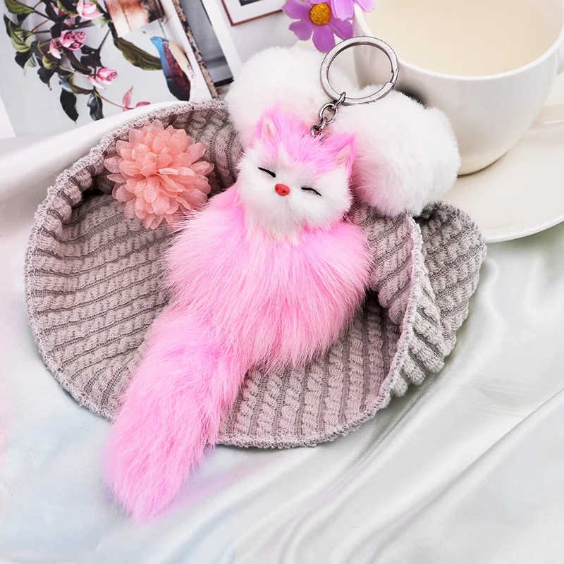 Fluffy Animal Cartoon Fox Keychain Cute Key Chains Kids Womens Personalised Rings Key Chains Car Bag Key Chains