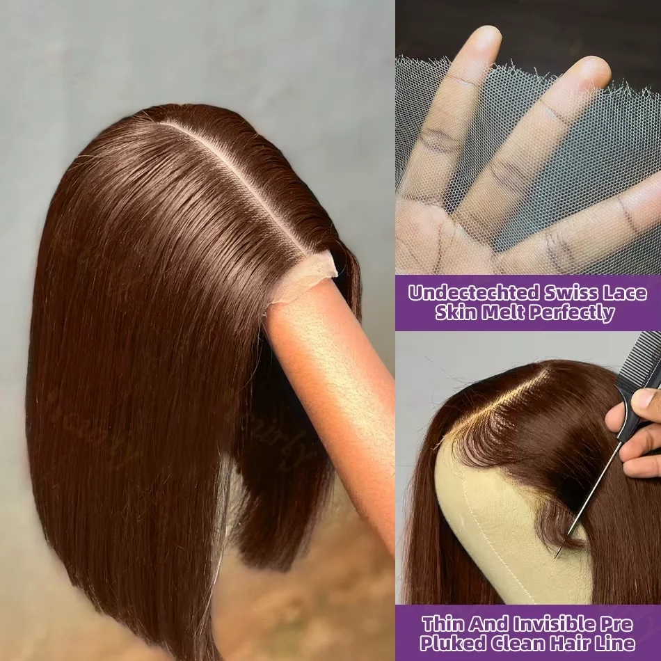 # 4가지 색상의 다크 브라운 220% 스트레이트 밥 가발 13x4 레이스 프론트 가발 멀티 파트 베트남 초콜릿 인모 프리 플러킹