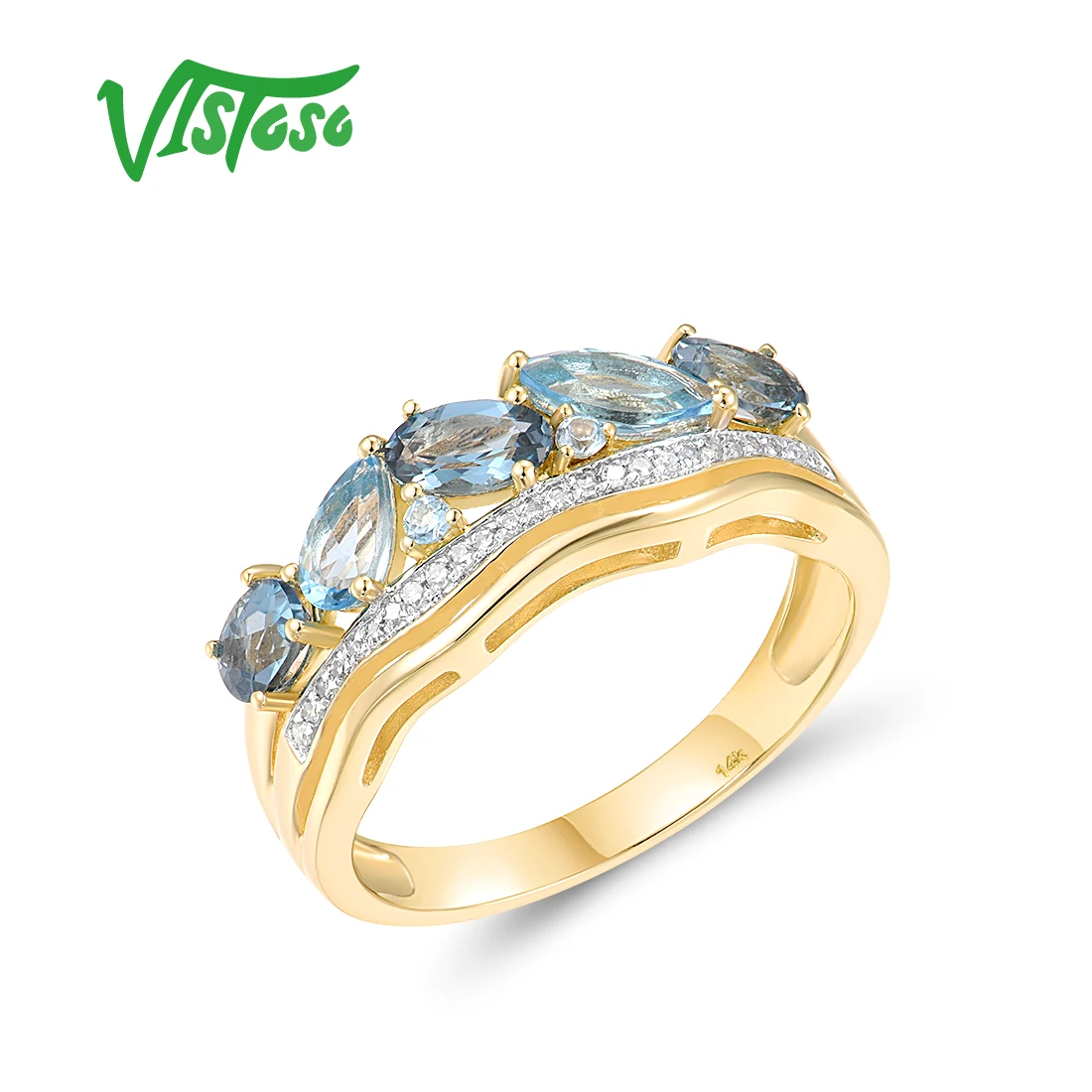 VISTOSO 14K 585 Yellow Gold Jewelry Set For Women Sparkling Blue Topaz Diamond Earrings Ring Set Elegant Trendy Fine Jewelry