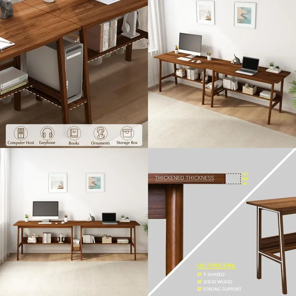 

2-Person Writing Desk with Bookshel - 94" Wooden Extra Long Home Oice Work Table, Double Study Computer Workstation with Storage