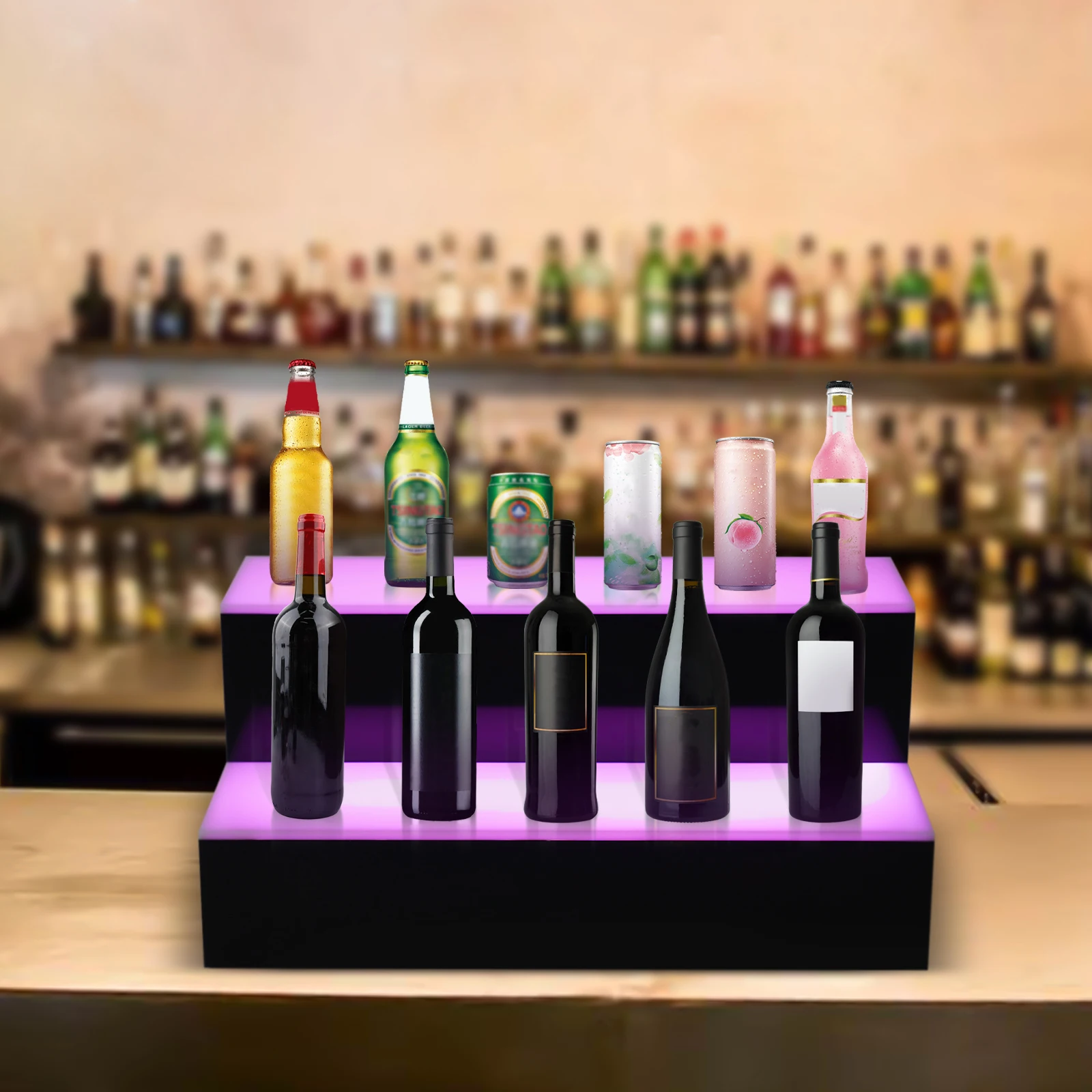 Remote Controller LED Liquor Bottle Display Shelf 2 Layers Countertop Display Acrylic Lighted Bar Shelf for Home/Commercial Bar Stand Luminous Wine Table Display Rack