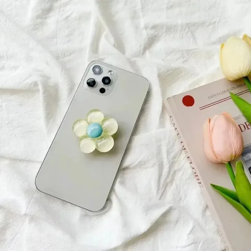 Przezroczysty kryształowy uchwyt na telefon w kształcie kwiatka, składany stojak biurkowy w kolorach cukierków, uroczy kwiatowy wysuwany uchwyt.