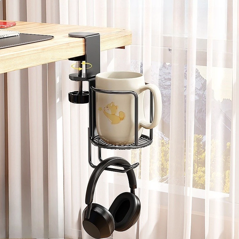 Adjustable Desk Edge Clip Cup Holder With Hook Multi Purpose Office Storage Rack For Headphones Bags Drink Mugs