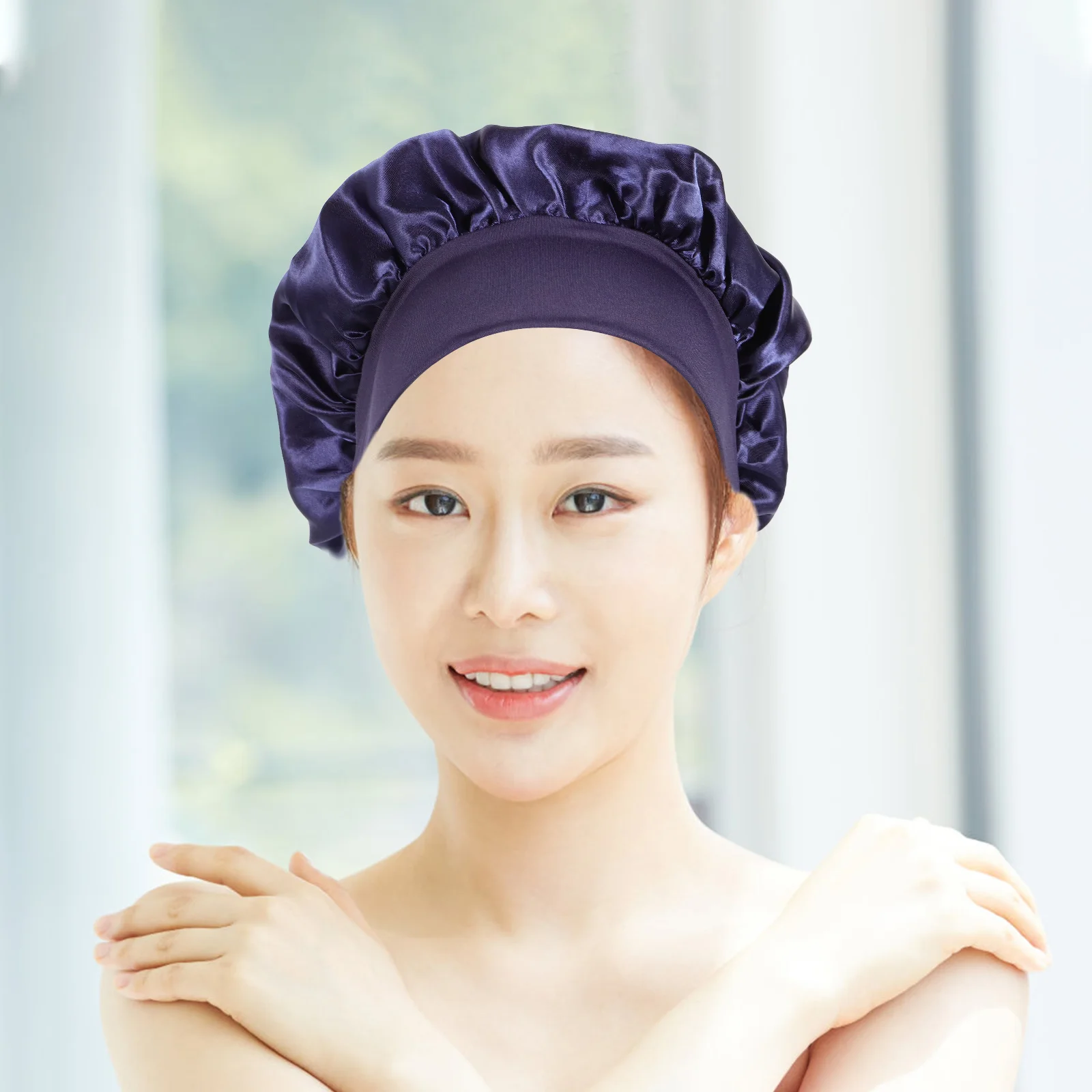 

Satin Sleep Bonnet Women Blue Chemotherapy Hat Hair Cap Bathing Face Making Up Reusable Ladies Home Satin