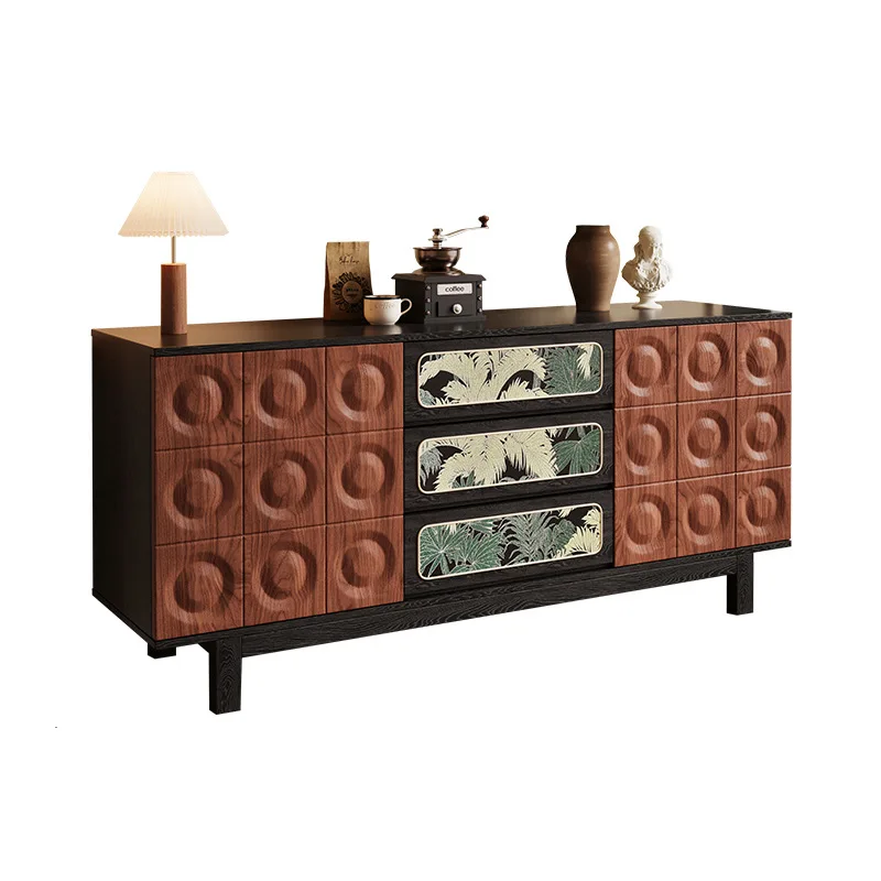 

French retro solid wood dining side cabinet, living room against the wall integrated locker, designer flower cloth three buckets