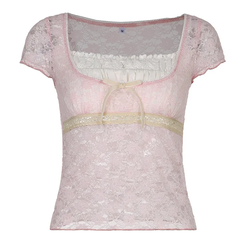 T-shirt Slim Fit da donna con scollo quadrato francese in pizzo rosa impiombato stile ragazza dolce da donna