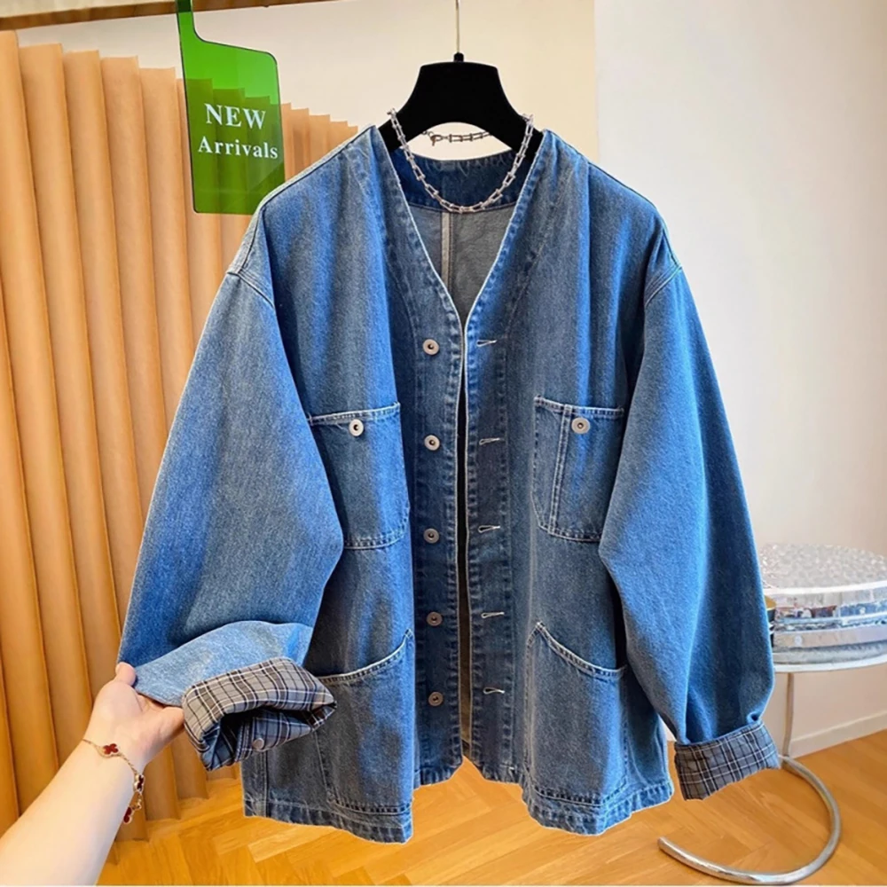 

Korean Style V-Neck Single Breasted Denim Jackets for Women 2025 New Autumn Casual Oversized Long Sleeve Jean Coats Outerwear